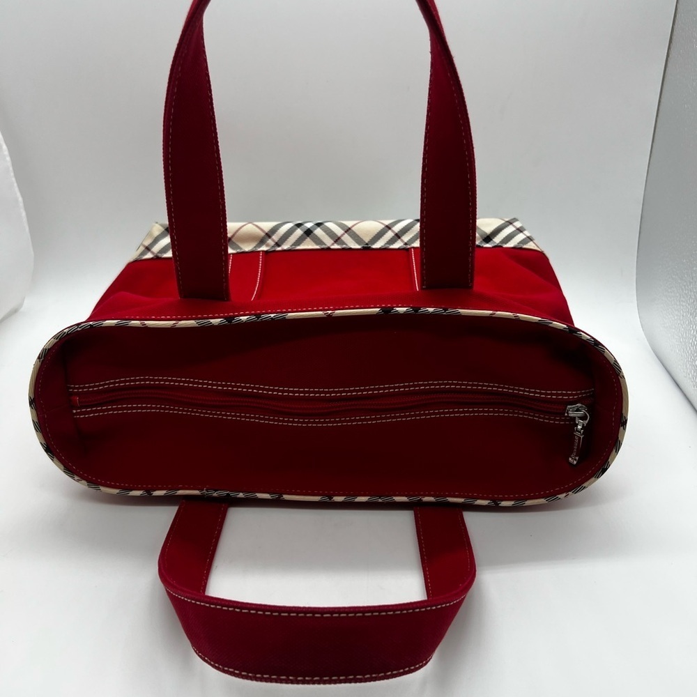 Burberry Red Canvas Tote with Plaid Accents and Top Zipper - Picture 15 of 16